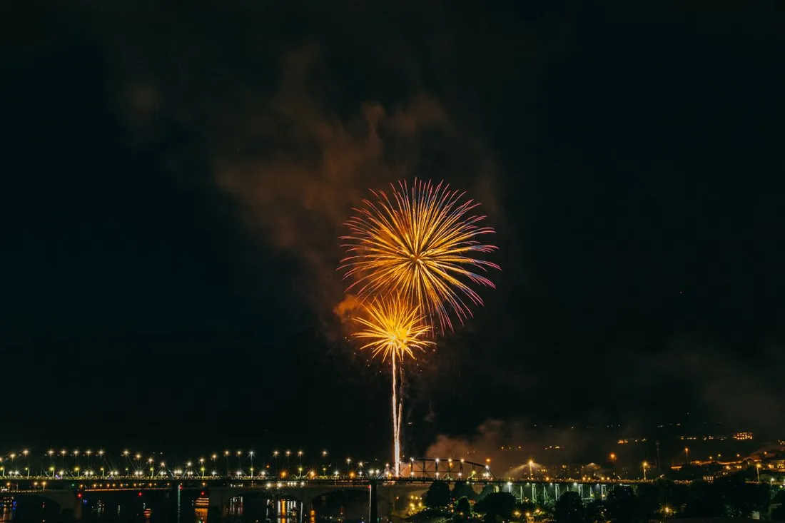 Feu d'artifice doré illuminant le ciel nocturne au-dessus d'un pont et d'un plan d'eau éclairé, lors d'une célébration du 14 juillet