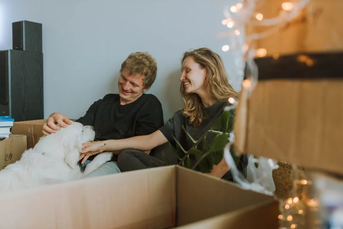 Un couple caresse son grand chien blanc assis dans un carton de déménagement, au milieu d'autres cartons dans leur nouveau logement