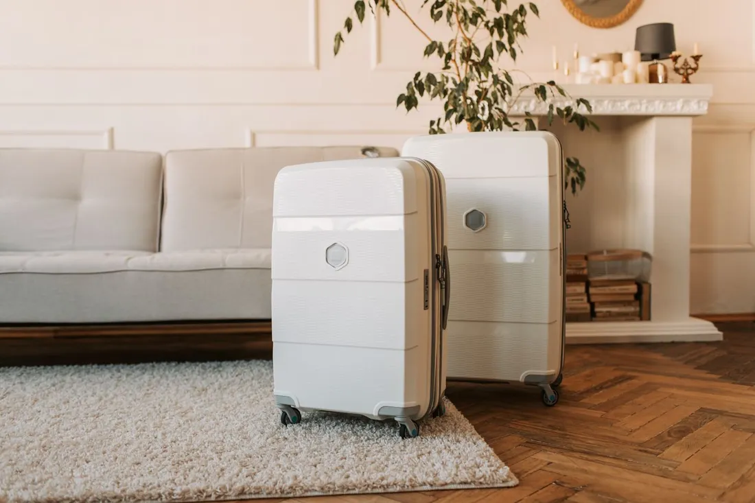 Deux valises rigides posées dans un salon lumineux d'appartement meublé, illustrant un hébergement type appart-hôtel