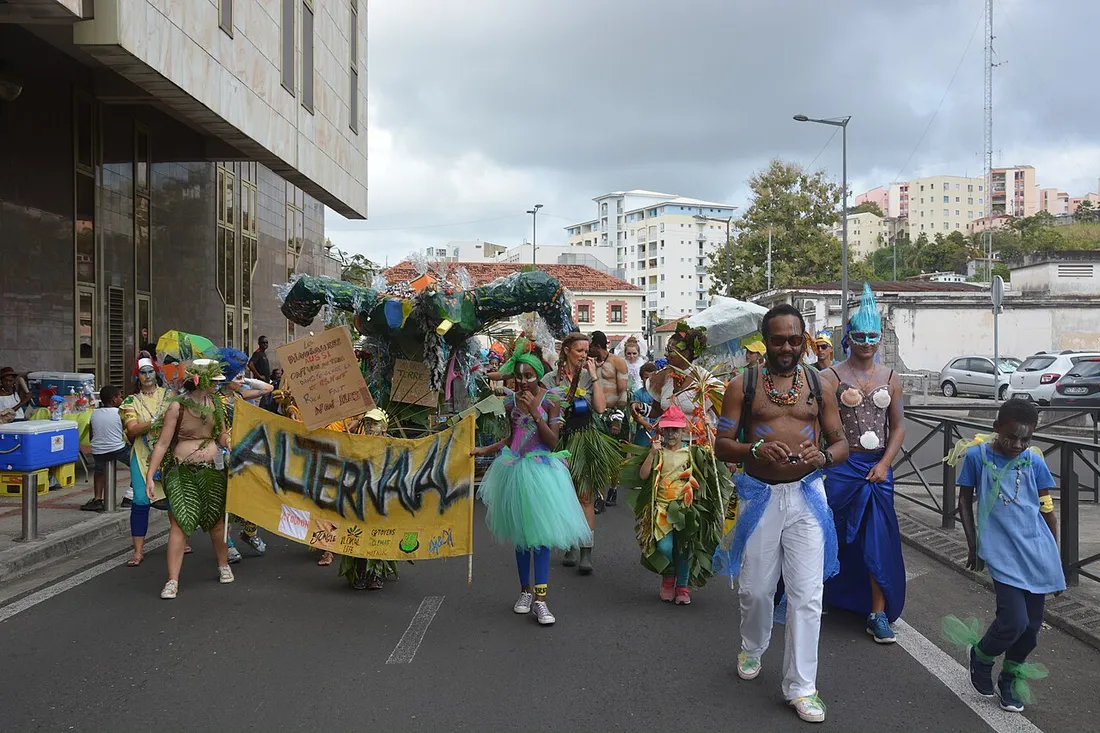 Groupe carnavalesque costumé défilant dans les rues de Fort-de-France pendant le carnaval de Martinique