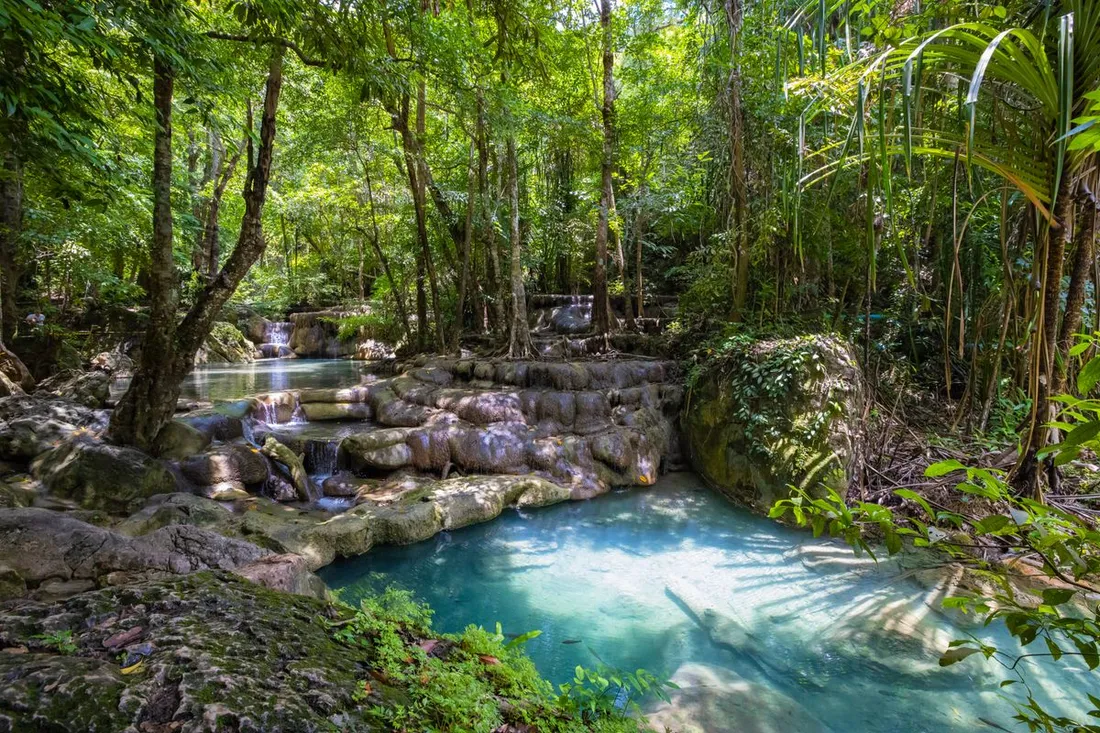 Cascade en paliers se déversant dans un bassin d'eau turquoise au cœur de la forêt tropicale, évoquant les Chutes Voltaire de l'Ouest guyanais