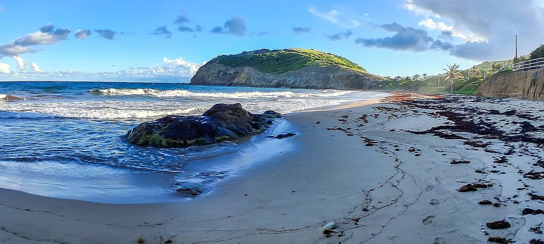 Plage de Grande-Anse a Terre-de-Haut dans l'archipel de la Guadeloupe, avec sable, vagues et morne verdoyant sous un ciel bleu