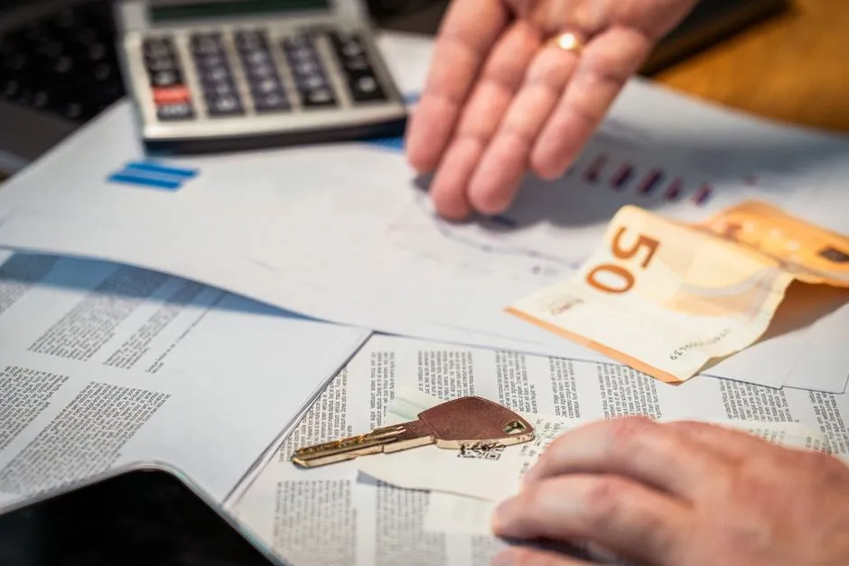 Calculatrice, billets en euros, clés de logement et documents posés sur un bureau pour le calcul d'une commission de location