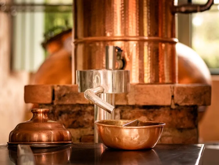 Alambic en cuivre d'une distillerie de rhum avec son bassin de refroidissement, illustrant la fabrication artisanale du rhum comme à la distillerie Saint-Maurice