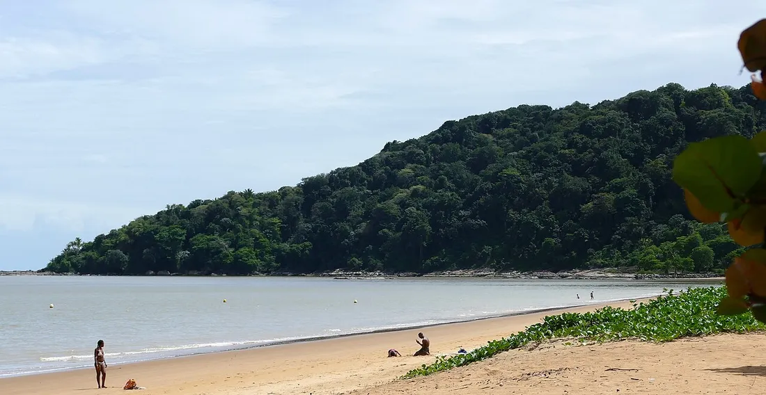 Plage de Montabo à Cayenne avec la baie et la colline boisée de Montabo en arrière-plan