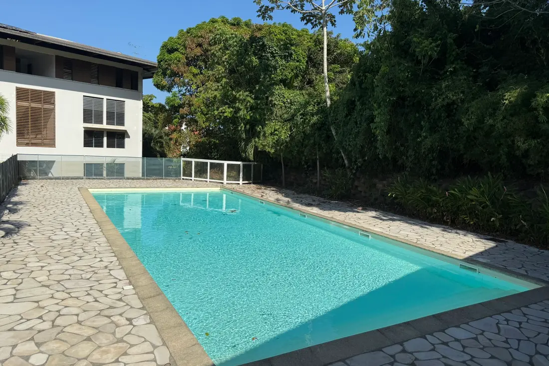 Piscine de la résidence du Diamant Cayennais au matin : bassin rectangulaire, barrière vitrée et façade blanche à persiennes