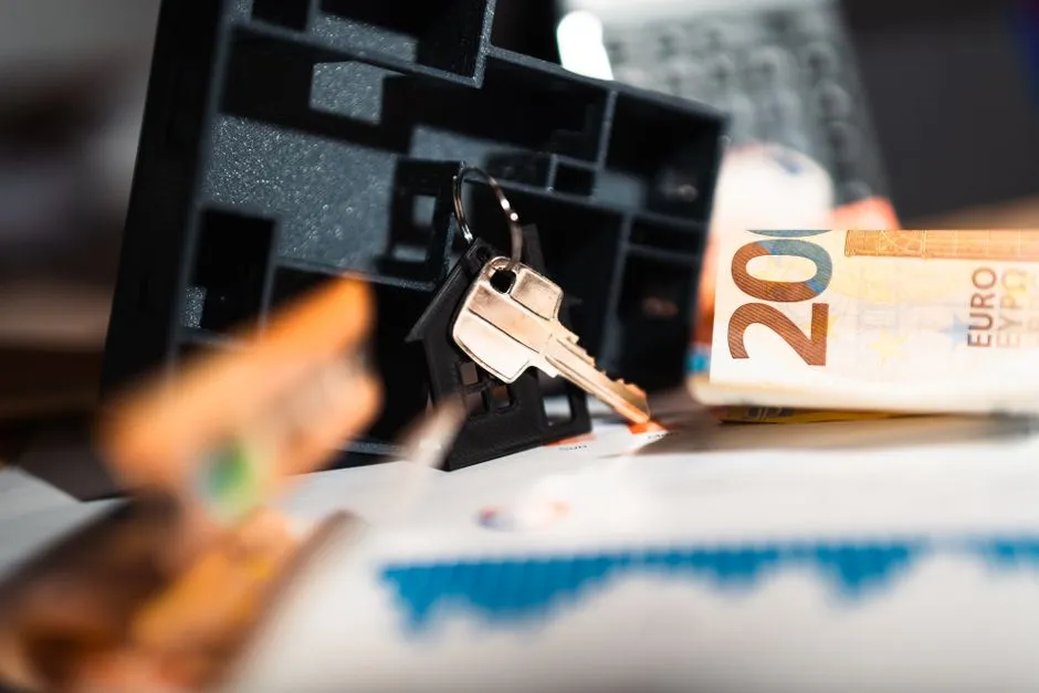 Maquette de maison, clés et billet de 200 euros posés sur un graphique financier, symbolisant le financement d'un achat immobilier