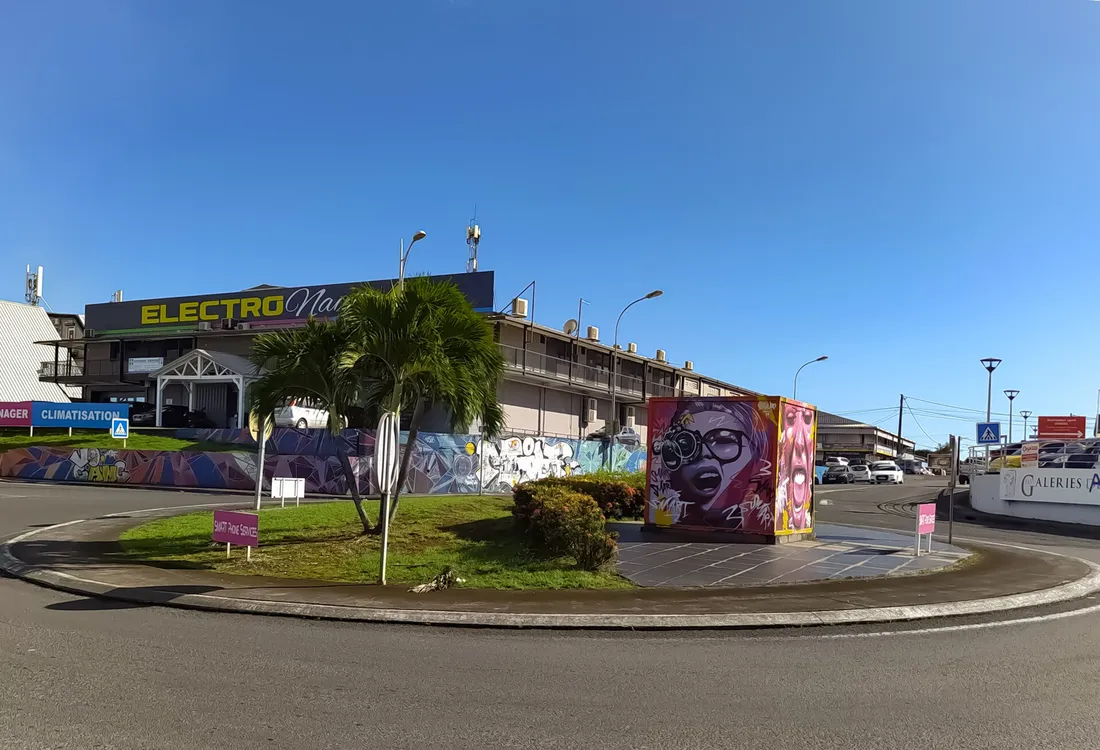 Rond-point commercial de la zone de Jarry à Baie-Mahault, en Guadeloupe, sous un ciel bleu, avec enseignes, palmier et fresque murale
