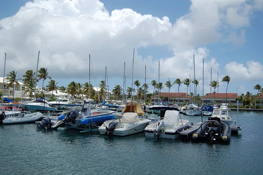 La marina de Saint-François en Grande-Terre, Guadeloupe, avec ses bateaux amarrés et ses cocotiers en bord de mer