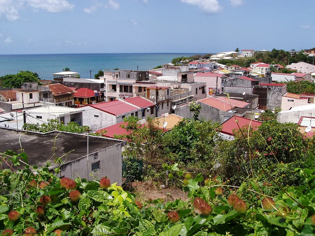 Vue sur les toits du bourg de Sainte-Luce et la mer des Caraibes en arriere-plan