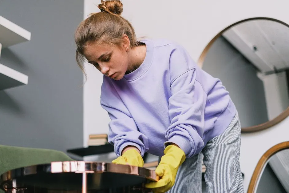 Personne portant des gants en caoutchouc jaunes nettoyant une surface dans un intérieur, entretien et ménage d'un logement de location
