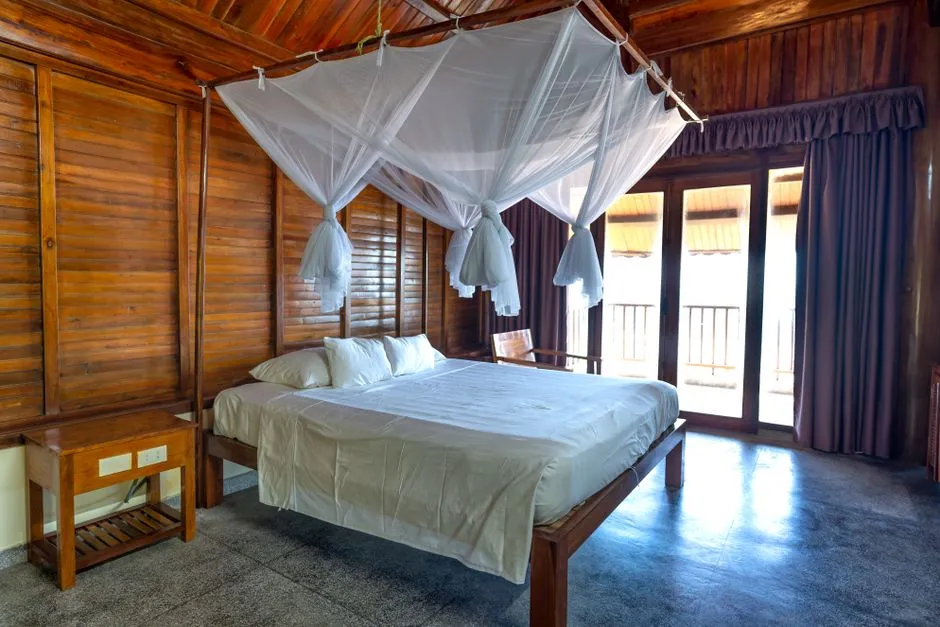Moustiquaire blanche deployee au-dessus d'un lit dans une chambre en bois tropicale, protection contre les piqures de moustiques la nuit