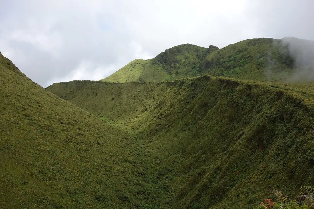 Le cratère verdoyant et les dômes sommitaux de la Montagne Pelée, dans le nord de la Martinique