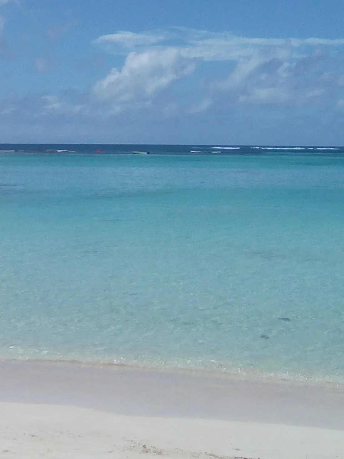 Plage de Bois Jolan a Sainte-Anne en Guadeloupe : sable blanc, eau turquoise tres peu profonde et barriere de corail au large