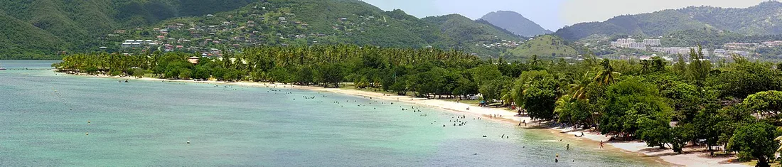 Vue panoramique de la plage de la Pointe du Marin à Sainte-Anne en Martinique, longue baie de sable clair, eau turquoise et baigneurs devant les collines verdoyantes