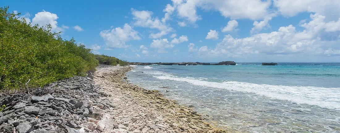 Anse sauvage et confidentielle de la Baie Degrat sur la côte de Grande-Terre en Guadeloupe, avec rivage de galets coralliens et eau turquoise