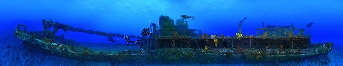 Vue panoramique sous-marine de l'épave de l'Augustin Fresnel en Guadeloupe, coque recouverte de coraux avec des plongeurs qui l'explorent