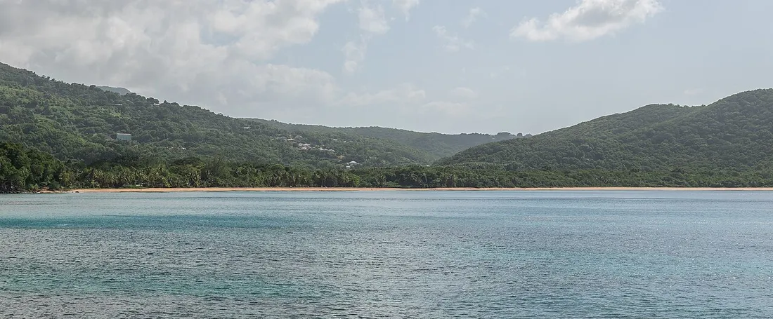 Plage de Grande Anse a Deshaies en Guadeloupe, sable, eau turquoise et collines verdoyantes, cadre typique pour un logement de location saisonniere