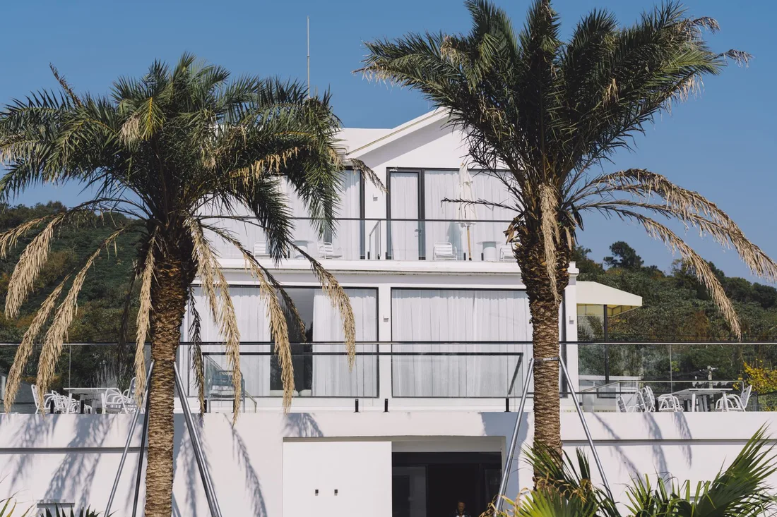 Villa moderne entourée de palmiers sous un ciel bleu