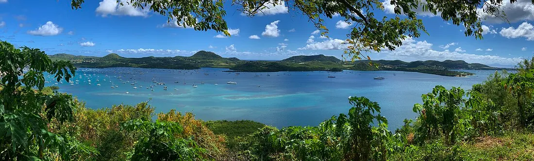 Panorama de la baie du Marin en Martinique, avec de nombreux voiliers au mouillage et les collines du Sud martiniquais en arrière-plan