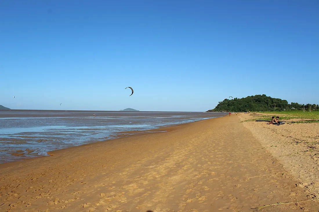 Kitesurfeurs au large de la grande plage de Montjoly, sable doré, colline boisée et baigneurs assis sur le sable