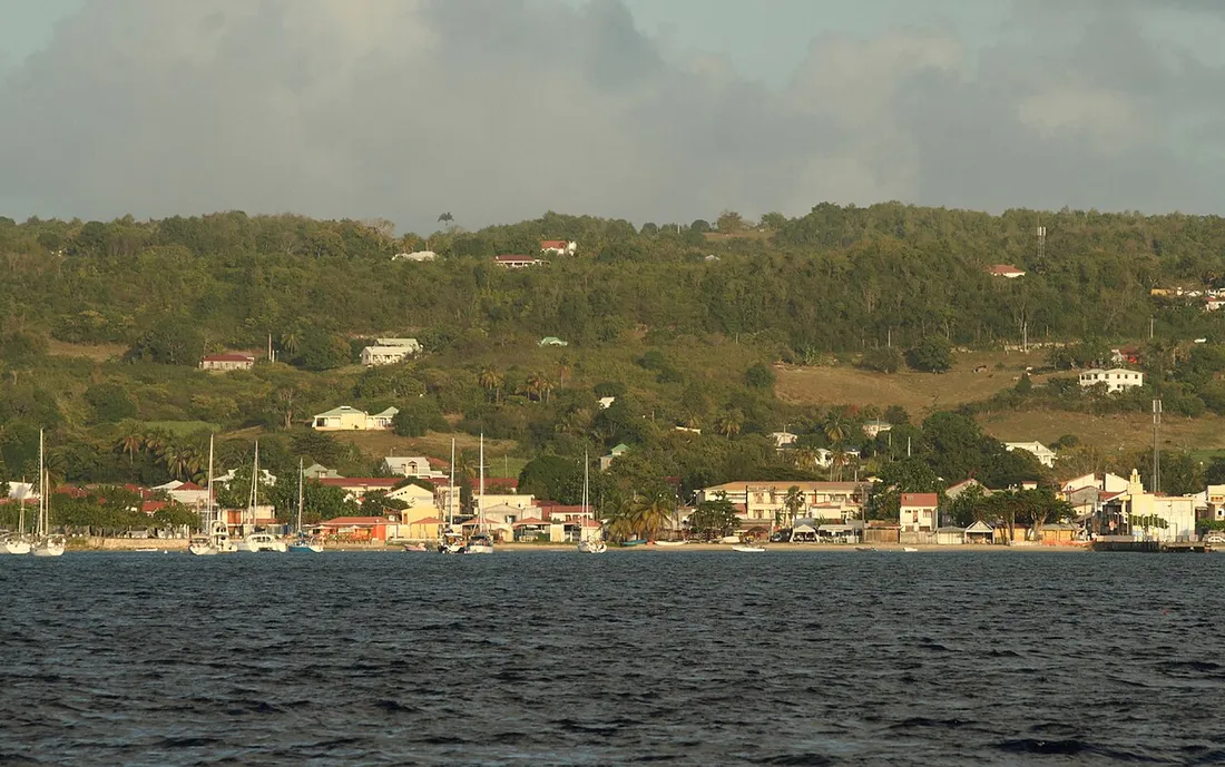 Le bourg de Saint-Louis de Marie-Galante vu depuis la mer, avec ses maisons en bord de rivage et ses voiliers au mouillage, vue typique de l'arrivee en navette