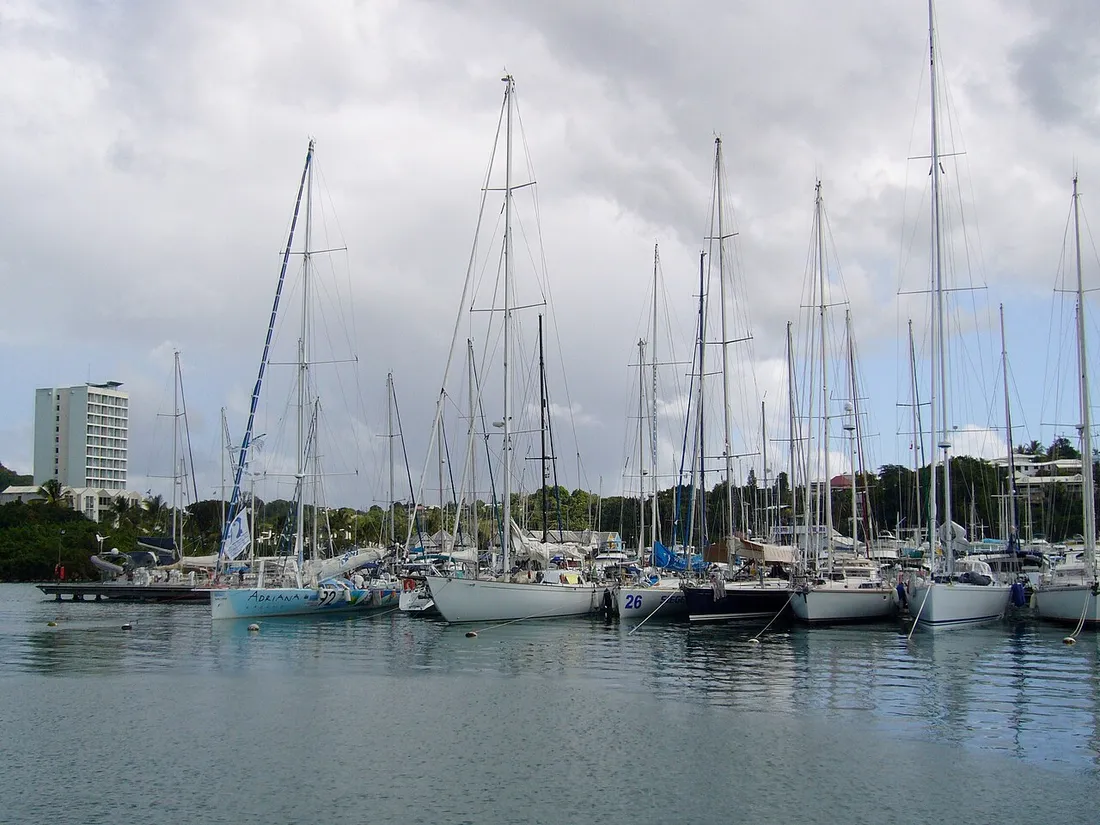Voiliers amarres a la Marina Bas-du-Fort de Pointe-a-Pitre, port d'arrivee de la Route du Rhum en Guadeloupe