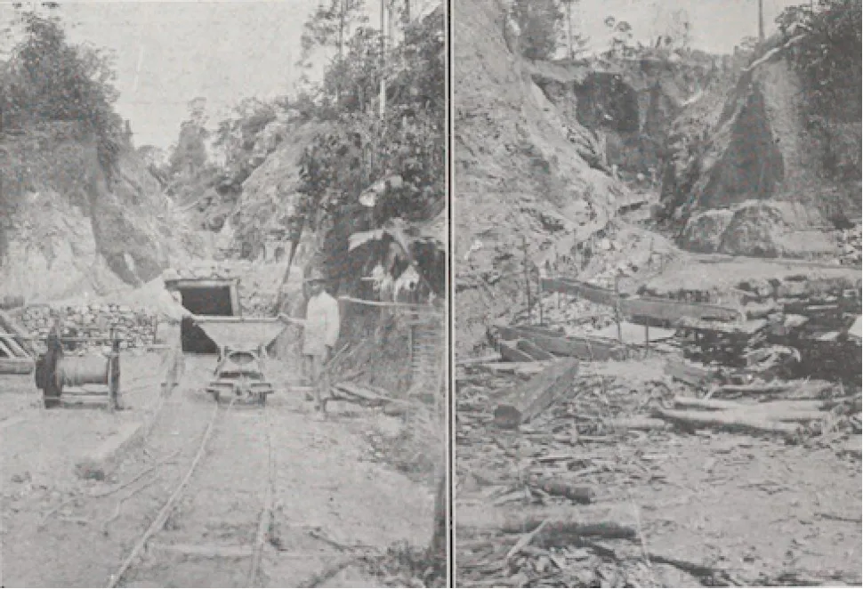 Travaux de la mine d'or de Saint-Élie en Guyane : wagonnet du chemin de fer Decauville à l'entrée d'une galerie et lavage des têtes de filons