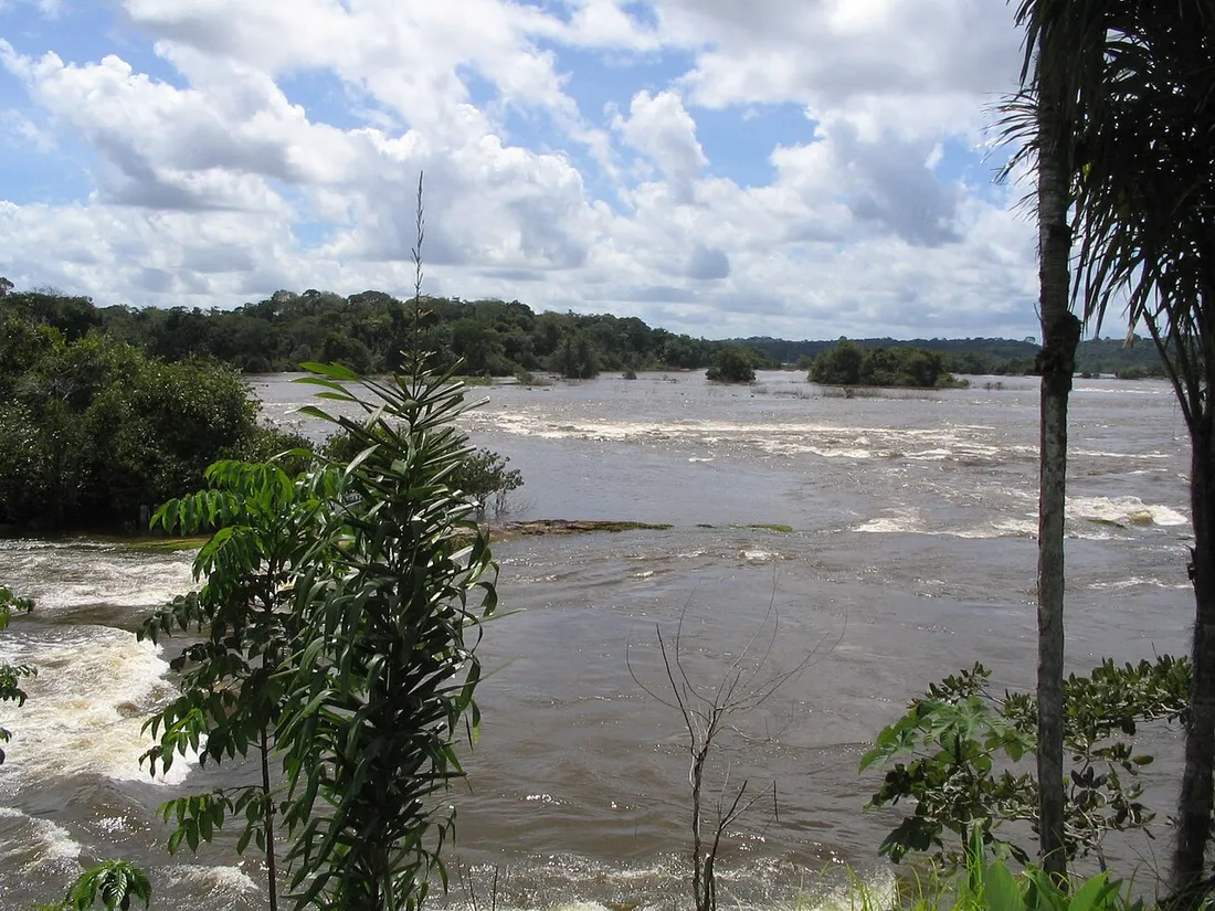 Vue des rapides ecumants du Saut Maripa sur l'Oyapock encadree par la vegetation tropicale de la foret guyanaise