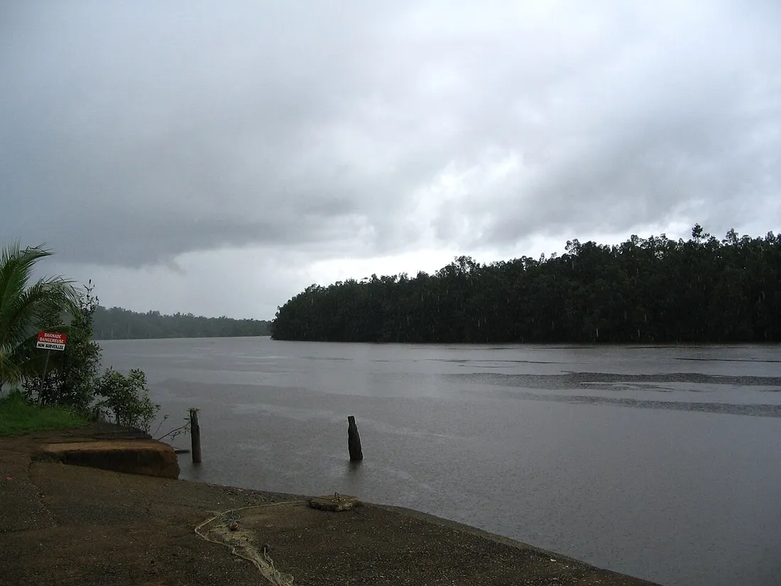 Rivière de Comté en Guyane, large cours d'eau bordé de forêt tropicale, avec un panneau rouge "Baignade dangereuse" sur la berge