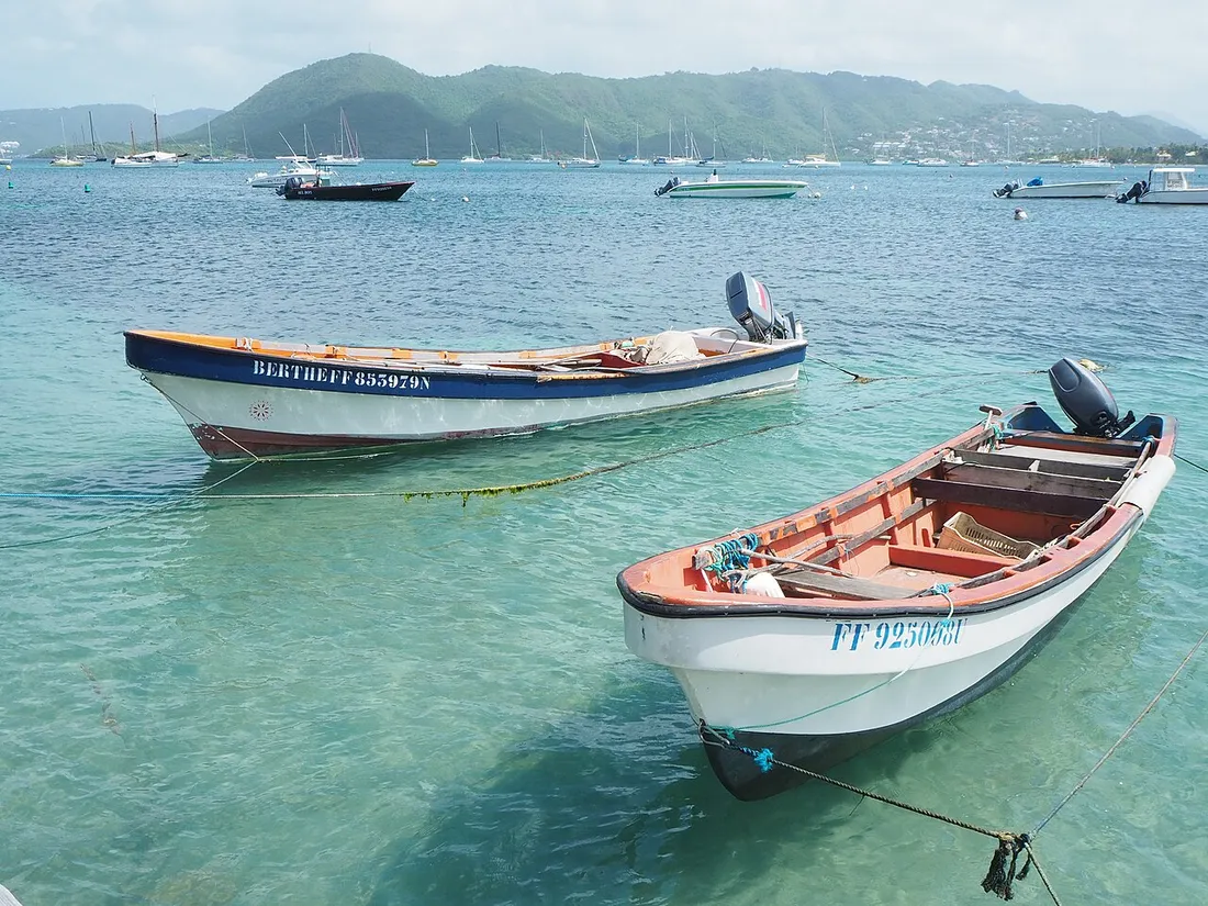 Yoles de pêche traditionnelles colorées amarrees sur l'eau turquoise face au bourg de Sainte-Anne en Martinique