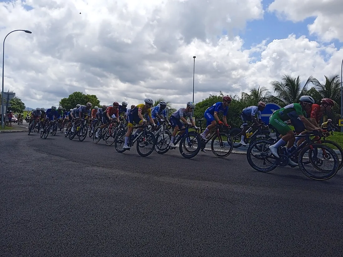 Peloton du Tour cycliste de Guadeloupe 2025 lors de la 9e étape sur une route bordée de palmiers à Baie-Mahault