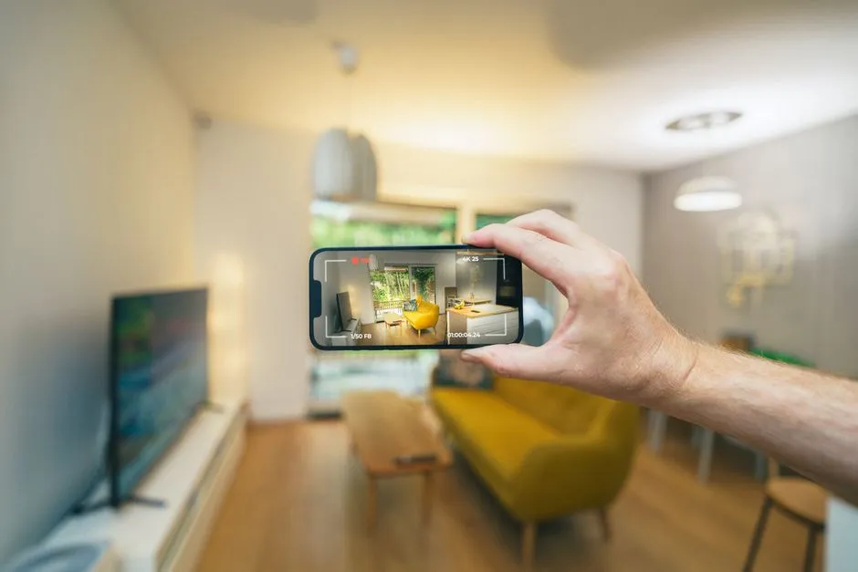 Main filmant avec un smartphone le séjour meublé d'un appartement pour une visite à distance