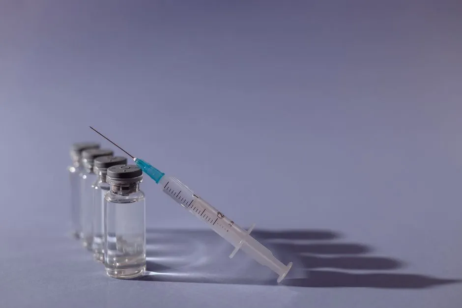 Flacons de vaccin et seringue préparés pour une injection avant un voyage en Guyane